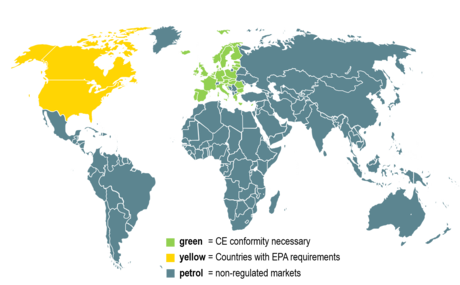 世界地图，显示带有或未带 CE/EPA 合格标志的国家/地区